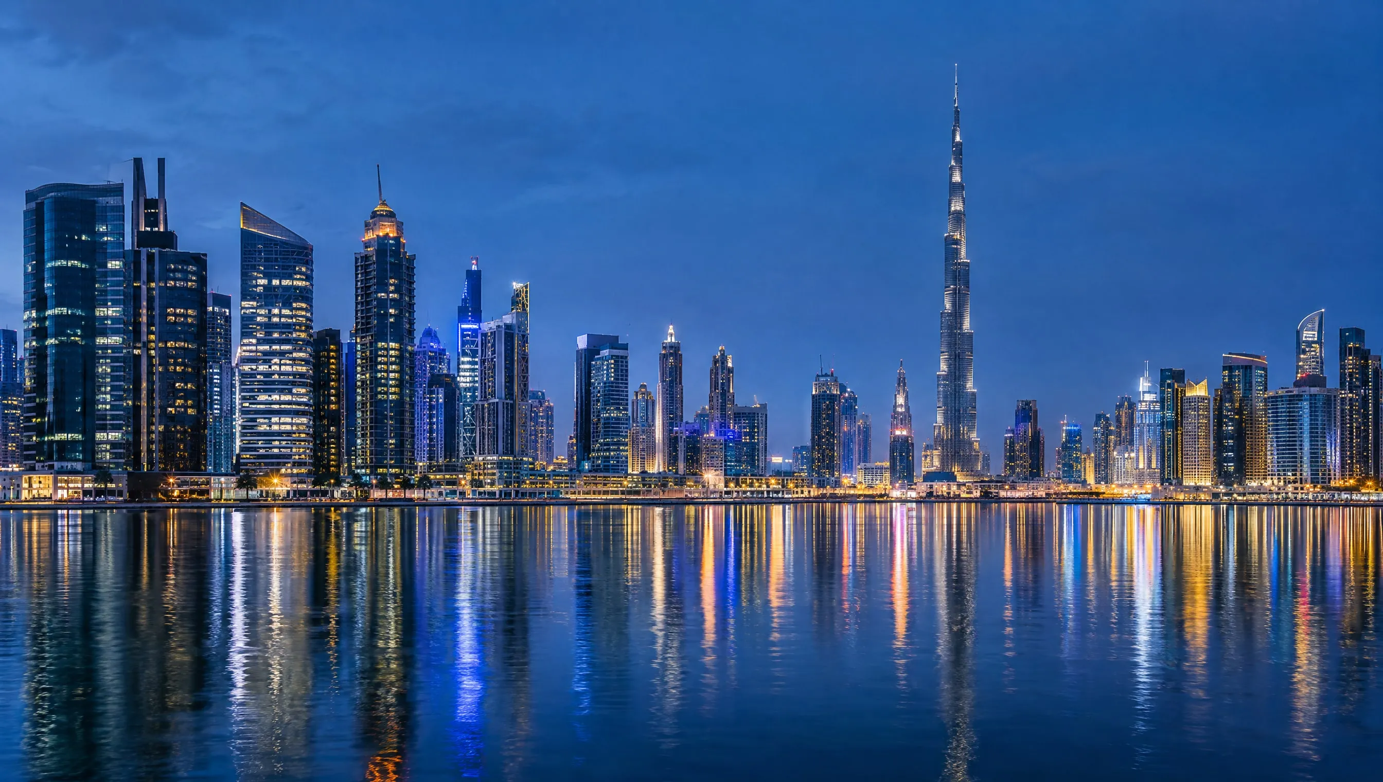 The Dubai business district skyline at blue hour