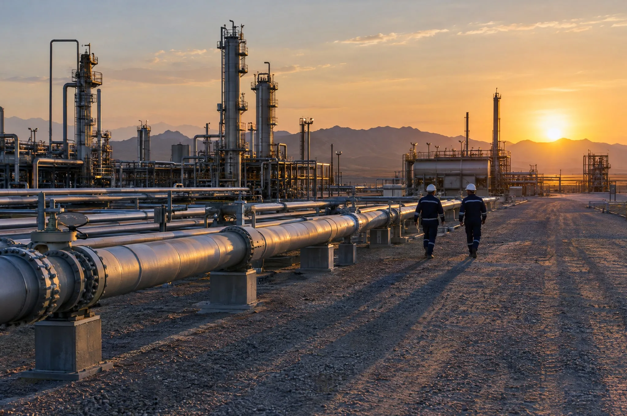 Two engineers walking along pipelines at a gas facility at sunset