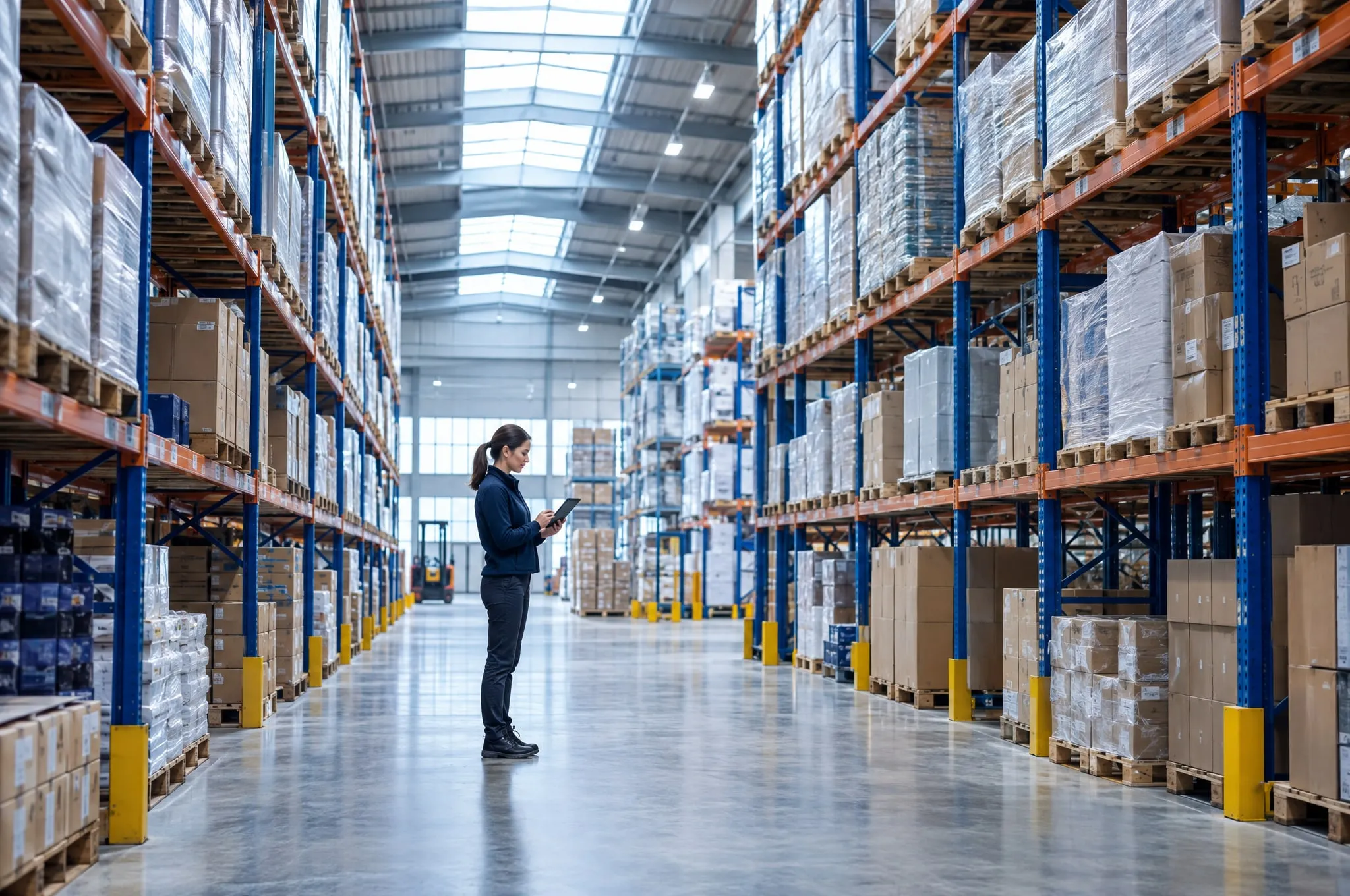 A supply planner checking stock in a large warehouse aisle