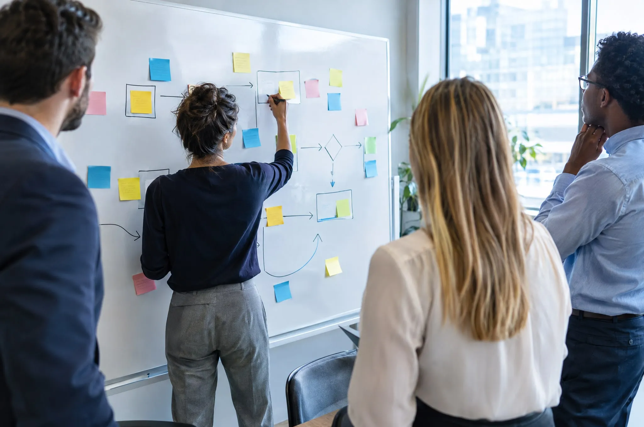 A team mapping a process on a whiteboard with sticky notes